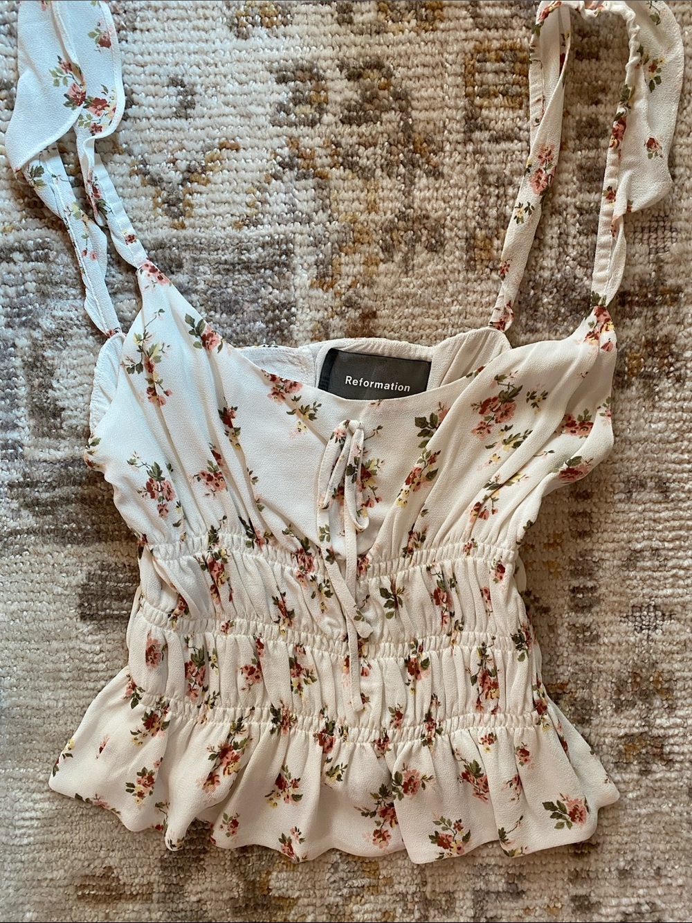 Reformation Cream Cami with Pink Floral Print and Tie Straps